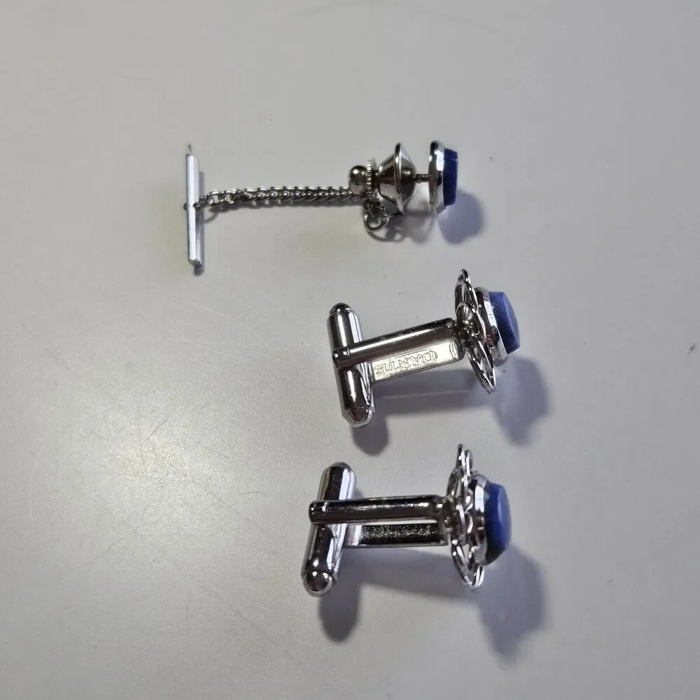 Vintage Dante Silver Tone Blue Semiprecious Cufflinks And Tie Pin Set